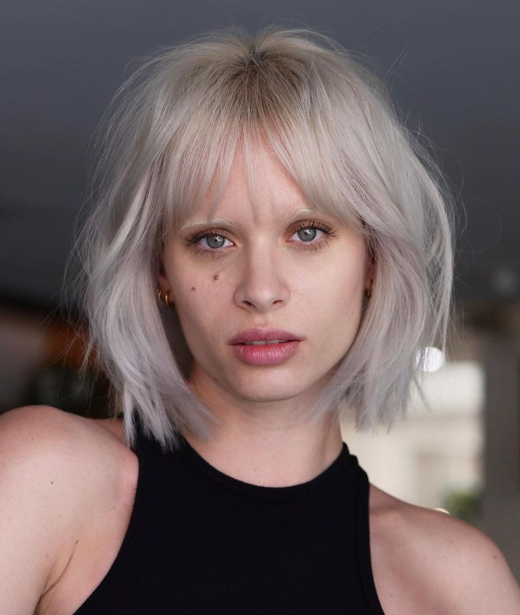 Wispy White Blonde Bob with Bangs