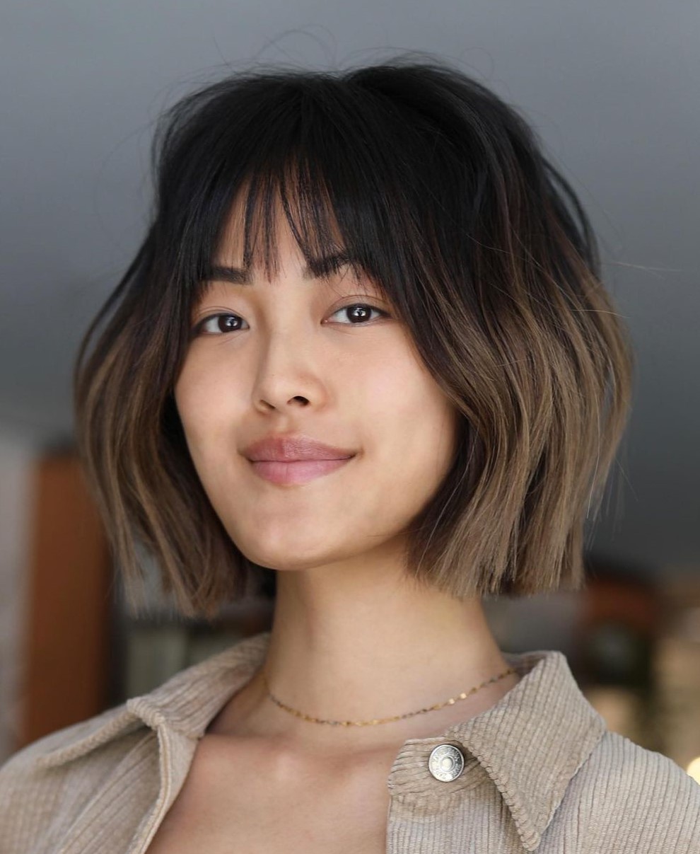 Asian Blunt Brunette Bob with Bangs